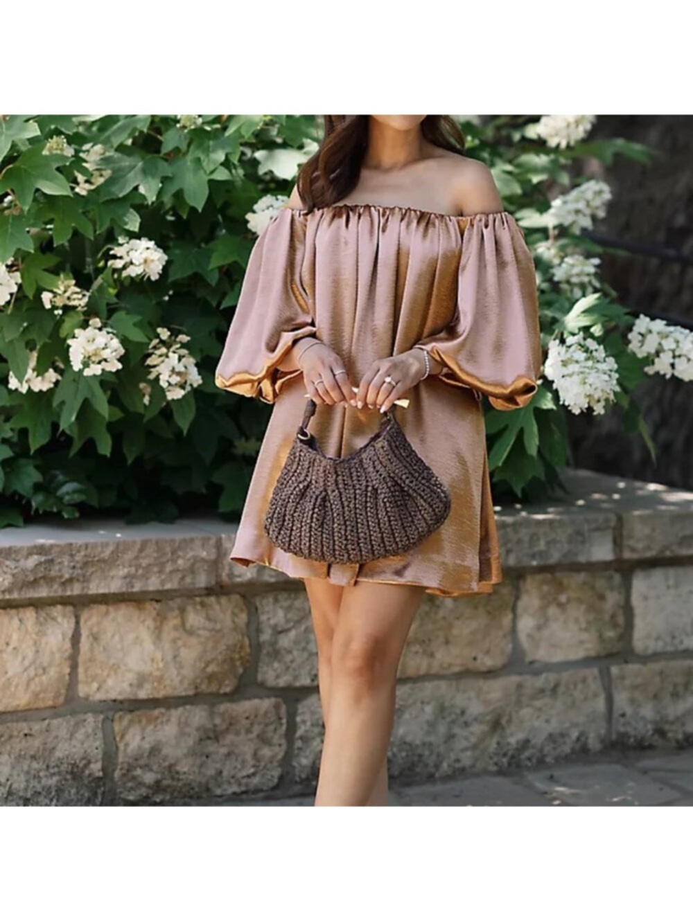 Mare mare at Anthropologie mocha shimmer off the shoulder puff sleeve dress med - Picture 3 of 10